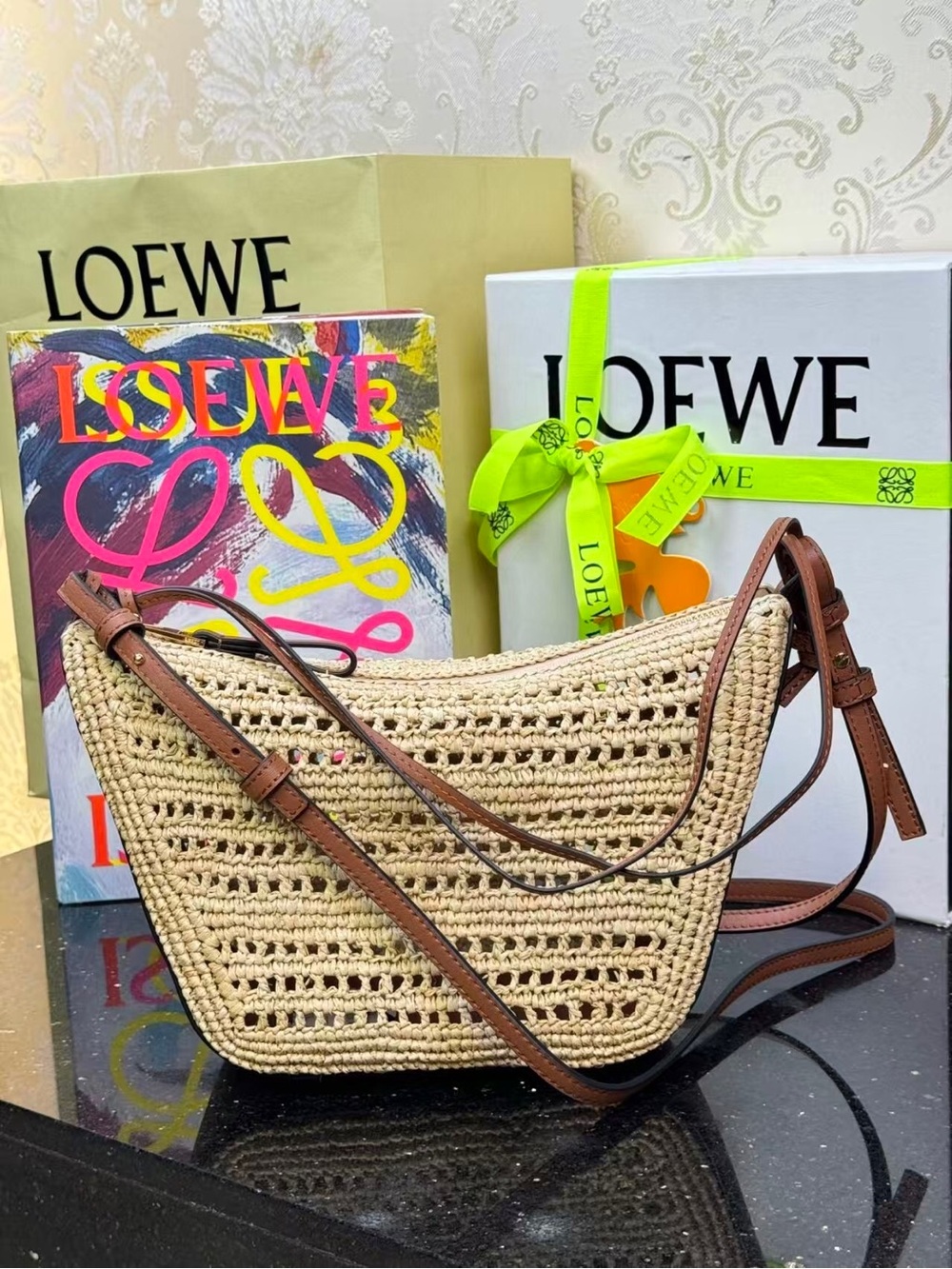 LOEWE Beige Woven Straw Shoulder Bag with Brown Leather Trim